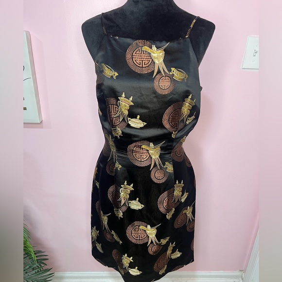 Asian Vintage Silk Blend Dress Asian Inspired print by Karen Kane Blooming black - Picture 1 of 13